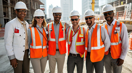 Wall Mural - Group of the multiracial construction engineers in white hard hats, orange vests stand together on a construction site