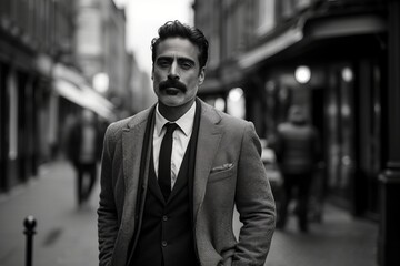 Portrait of a stylish businessman in a city street. Black and white.