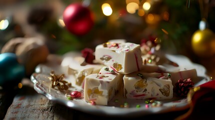 Traditional Turkish delight lokum on Christmas rustic background