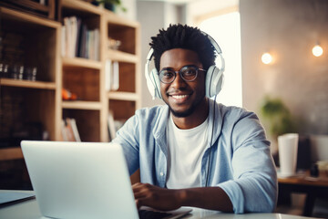 Aufkleber - A focused man with glasses sits at his desk, lost in the world of his personal computer and the music in his headphones, surrounded by the comforting walls of his indoor workspace