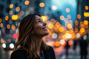 Poster - A woman gazes up at the starry night sky, her face illuminated by the city lights, lost in thought as she stands on a dimly lit street