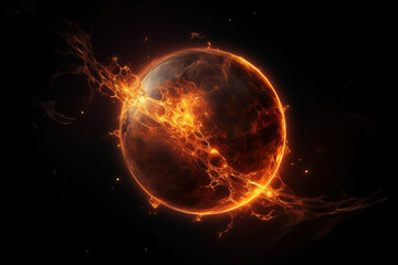 Wall Mural - planet orange spherical fictional abstract in dark space with dots of stars, flashes