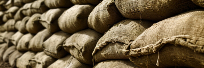 Many sandbags as protection against flooding, background