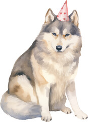 Aufkleber - Dog in birthday hat illustration created with Generative AI technology