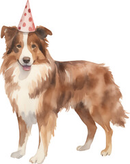 Aufkleber - Dog in birthday hat illustration created with Generative AI technology