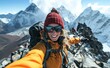 © Mr. Bolota - Everest Triumph: A smiling native woman with a backpack takes a selfie near the Everest summit, exuding joy and triumph in her incredible travel adventure through the Himalayas.