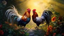 Masterpiece In Motion: An Oil Painting Depicting The Dynamic Battle Of Two Fighting Roosters, Capturing The Essence Of Fierce Competition And Majestic Struggle - AI Generative