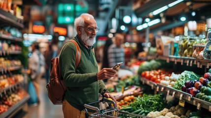 Wall Mural - Senior man is smiling while looking at his smartphone, standing beside a shopping cart filled with groceries in a supermarket aisle.