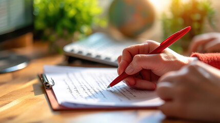 Canvas Print - Person's hand is shown writing corrections on a printed document with a red pen, with a keyboard and a globe in the blurred background