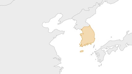 Sticker - Animation of South Korea country map on the world map. Animation of map zoom in with border and marking of major cities and capital of the country South Korea. Background with alpha channel.