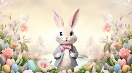 Cute Spring Easter Bunny background. Happy Easter watercolor illustration with cute Easter rabbit, eggs, spring flowers in pastel colors. For greeting card, banner, poster, cover, template.