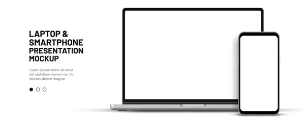 Fototapete - Modern latest laptop mockup front view and smartphone mockup high quality isolated on white background. Notebook mockup and phone device mockup for ui ux app and website presentation Stock Vector.