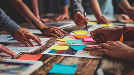 Wall Mural - ?lose-up view of several hands collaboratively working on a project with colorful sticky notes, pape