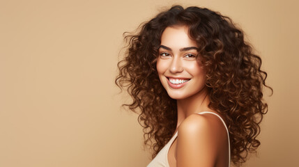 Poster - woman with voluminous curly hair and a beaming smile, wearing a tank top and posing against a warm b