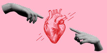 World Heart Day. Sketch Style Human Heart. Retro Halftone Hands Reaching Out To Each Other. Modern Collage. Valentines Day Banner. Healthcare Medical Concept. Healthy Lifestyle.
