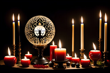 Wall Mural - burning candle, moon symbol, amulet and ball lying on a dark natural background. Witchcraft, esoteric spiritual ritual. holiday of the autumn equinox. photo Playground AI platform.