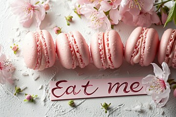 pink macaroons and pink spring flowers against white background with 