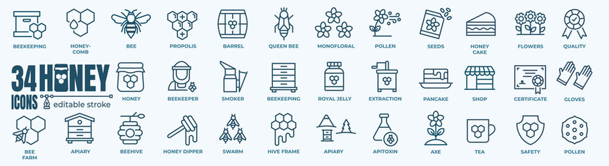 Honey and beekeeping related icons: thin vector icon set