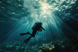 A daring diver explores the colorful depths of the ocean, surrounded by vibrant coral reefs and equipped with essential diving gear, including an oxygen mask and fins, as they glide gracefully throug