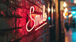 Neon sign on a dark street that says smile.
