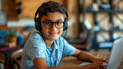 Poster - Smiling young boy wearing glasses and headphones, using a laptop, participating in an online class