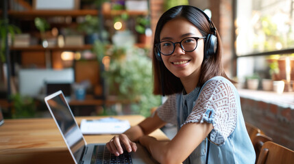 Sticker - Young woman smiling at the camera, wearing headphones and glasses, seated at a wooden table with a laptop