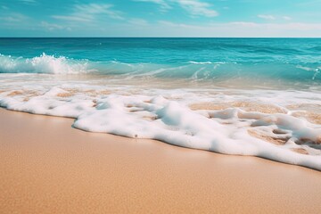 Wall Mural - A close-up shot of gentle waves caressing the shore on a pristine sandy beach