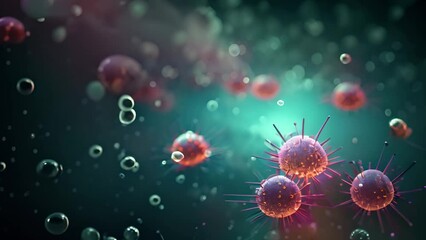 Wall Mural - Virus Cells flowing concept. Close-up of dissolving virus under microscope. The flu or SARS-CoV-2 COVID-19 pandemic cure or vaccination concept. Realistic high quality medical 3d animation. Antibodies