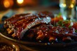 Indulge in the succulent flavors of a juicy teriyaki barbecue rib dish, as the vibrant red sauce drips down the tender meat, creating a mouth-watering indoor dining experience
