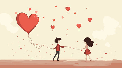 copy space, simple vector valentine cute girl and boy couple falling in love, simple handdrawn cartoon. Cute valentine card with young couple. Beautiful background or for valentine’s day. Beautiful ba