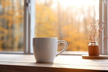 Wall Mural - Cup of coffee on kitchen table near the window