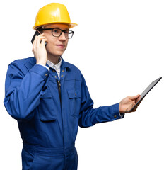 Poster - Isolated engineer with phone and digital tablet	