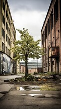 A Tree Is Growing In An Empty Industrial Area. Generative AI.
