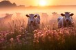 a peaceful group of cows grazing on a field filled with fog during the twilight or golden hour in the evening or early in the morning
