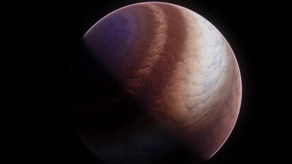 Wall Mural - Giant alien gas planet in deep dark outer space. 3D animation and artistic concept of big Jupiter-like exoplanet. Space exploration and planetary science discovery of extrasolar cosmic phenomena.