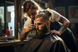 A woman braids a male customer's hair while working in a barber shop