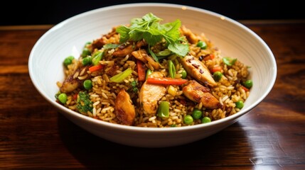 Greasy and savory chicken fried rice with a medley of vegetables and soy sauce