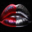 A pair of lips artistically painted with a gradient of metallic red to silver, presenting a bold and dramatic makeup look, set against a dark background to accentuate the colors