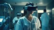 White female surgeon Wearing Virtual Reality Headset Uses Controllers to Remotely Operate Patient with Medical Robot. Modern High-Tech Advance in Breakthrough Medical Treatment, generative ai