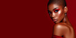 African model with red lipstick on red background.