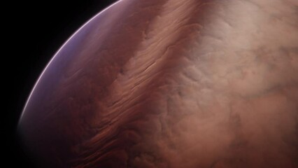 Wall Mural - Giant alien gas planet in deep dark outer space. 3D animation and artistic concept of big Jupiter-like exoplanet. Space exploration and planetary science discovery of extrasolar cosmic phenomena.