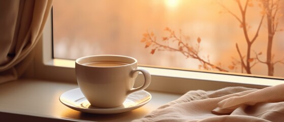 Poster - Coffee cup on the window sill with a view of the sunrise. Generative AI.