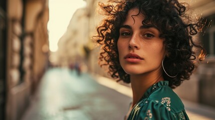 Wall Mural - Portrait of beautiful young woman with curly hair in stylish green blouse in the city street background with copy space, fashion lady in spring city.