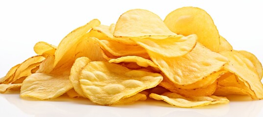 Wall Mural - Crunchy potato chips on white background with mouthwatering flavor and generous copy space