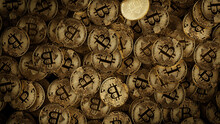 Bitcoin Cryptocurrency Represented As Gold Coins. Decentralized Investing Wallpaper. 3D Render.