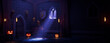 © RocknRoller Studios - Halloween Jack O' Lanterns with Candles, in a Magical Medieval Room at Night. Halloween banner with copy-space.