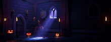 Halloween Jack O' Lanterns With Candles, In A Magical Medieval Room At Night. Halloween Banner With Copy-space.