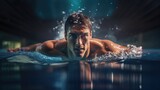 Fototapeta  - Closeup male swimmer swims crawl in the pool, front view