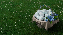 Easter Background Featuring A Basket Of Eggs On Green Meadow Grass. Decorated Eggs With Flowers And Copy-space.