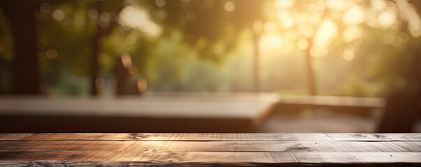 empty old wooden table with blured background. Plank board banner.